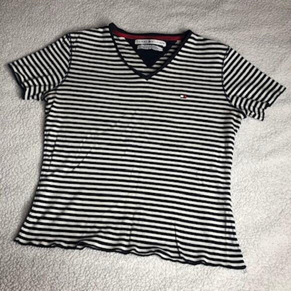 Tommy Hilfiger y2k striped vneck dark blue white tshirt top medium - Picture 2 of 7